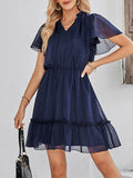 Woochic robe courte trapèze à volantée strappy v-cou manches courtes mode doux Navy S