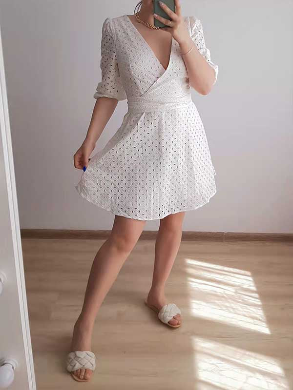 Woochic robe courte unicolore ceinture v-cou manches au coude doux