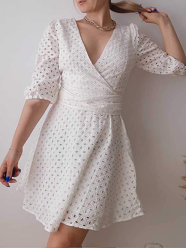 Woochic robe courte unicolore ceinture v-cou manches au coude doux