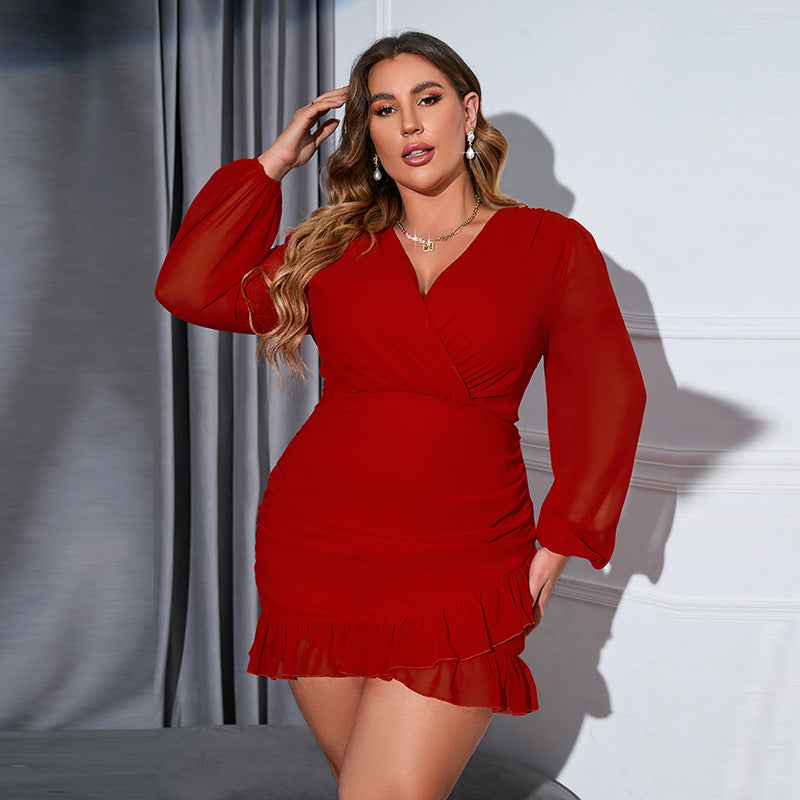 Woochic robe grande taille col en V enveloppante taille haute à volants rouge 1XL