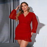 Woochic robe grande taille col en V enveloppante taille haute à volants rouge 1XL