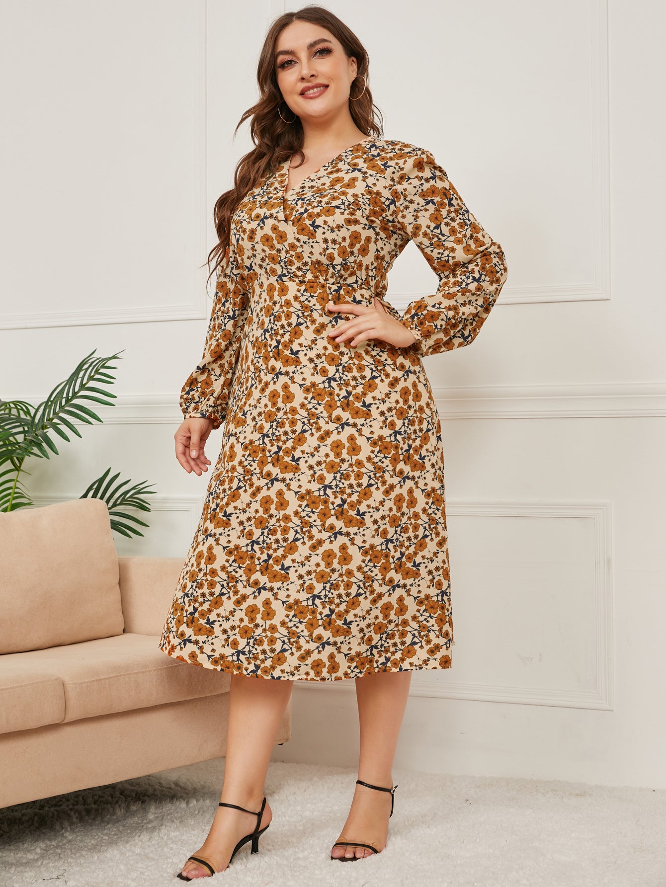 Woochic robe grande taille col en V imprimé à lacets