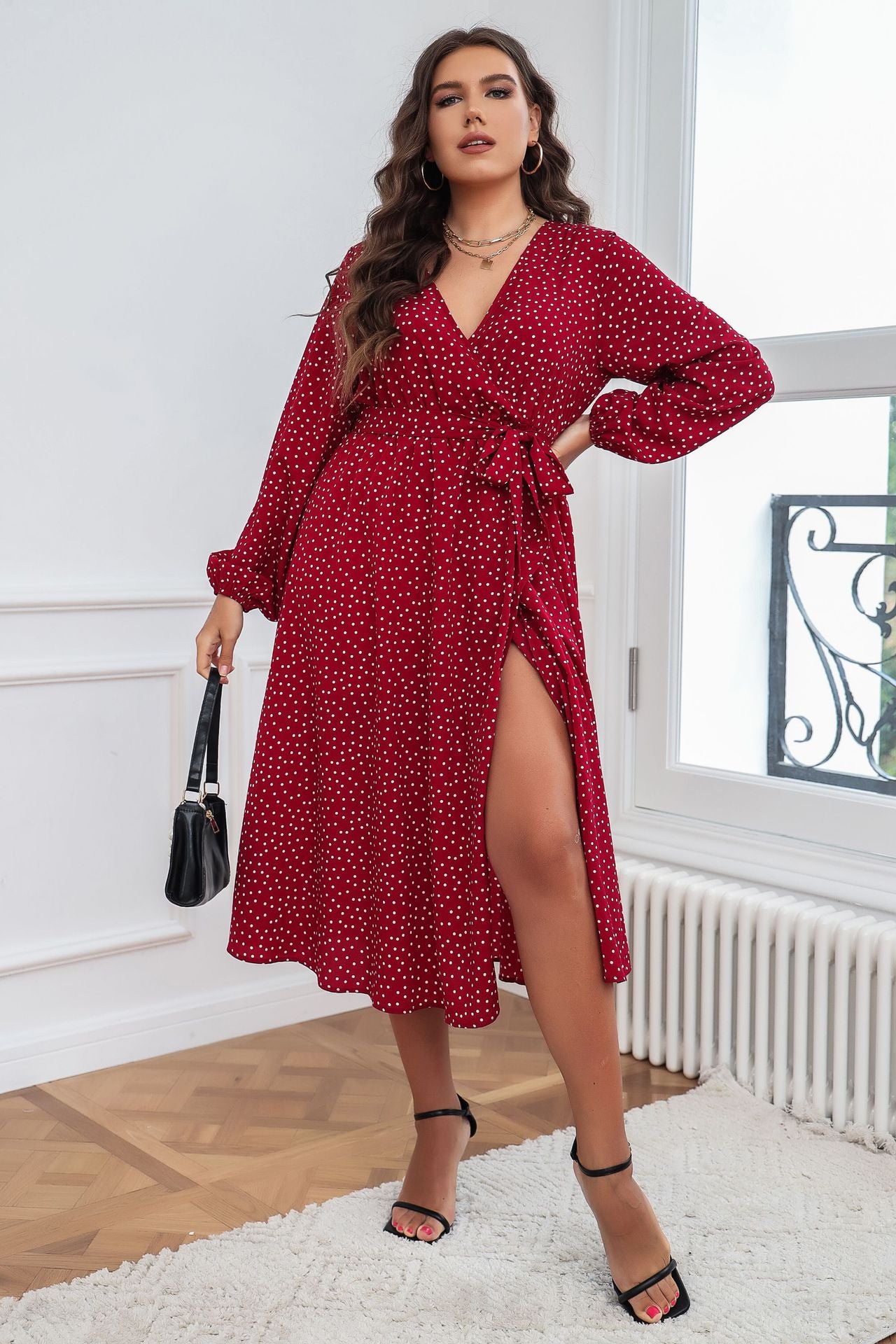 Woochic robe grande taille col en V imprimé à pois fendue