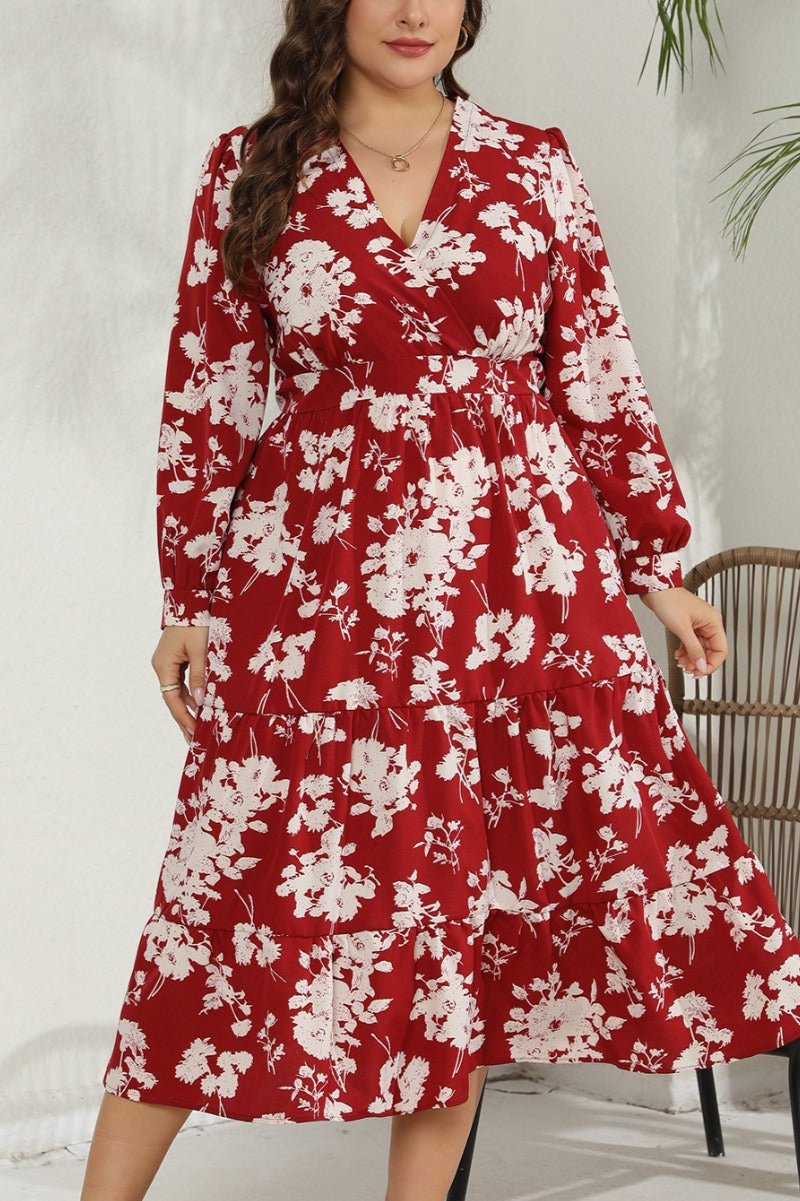 Woochic robe grande taille col en V imprimée cintrée manches longues rouge 1XL