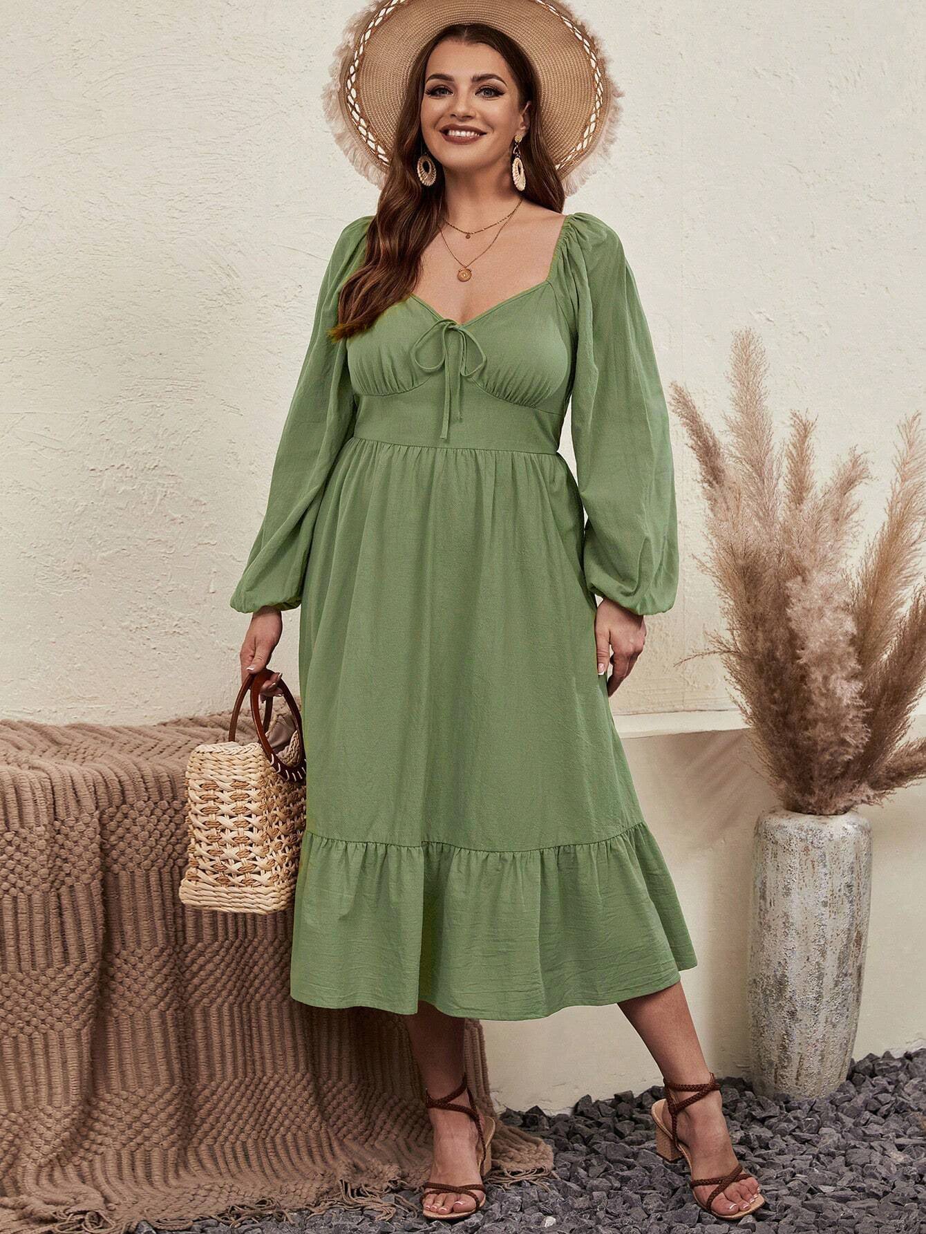 Woochic robe grande taille col en V manches bouffantes à volants cintrée robe à lacets