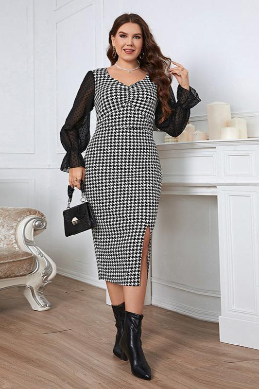 Woochic robe grande taille col en V rayure manches évasées noir 1XL