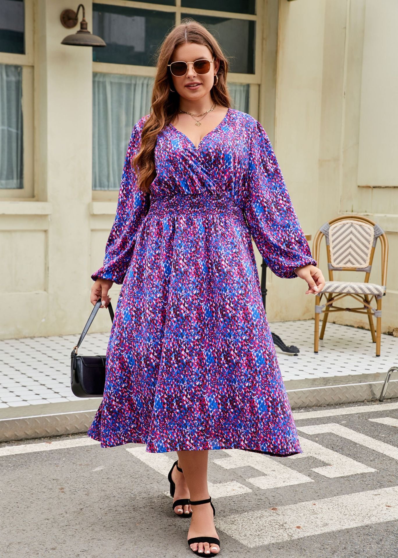 Woochic robe grande taille col en V trapèze cintrée violet 1XL