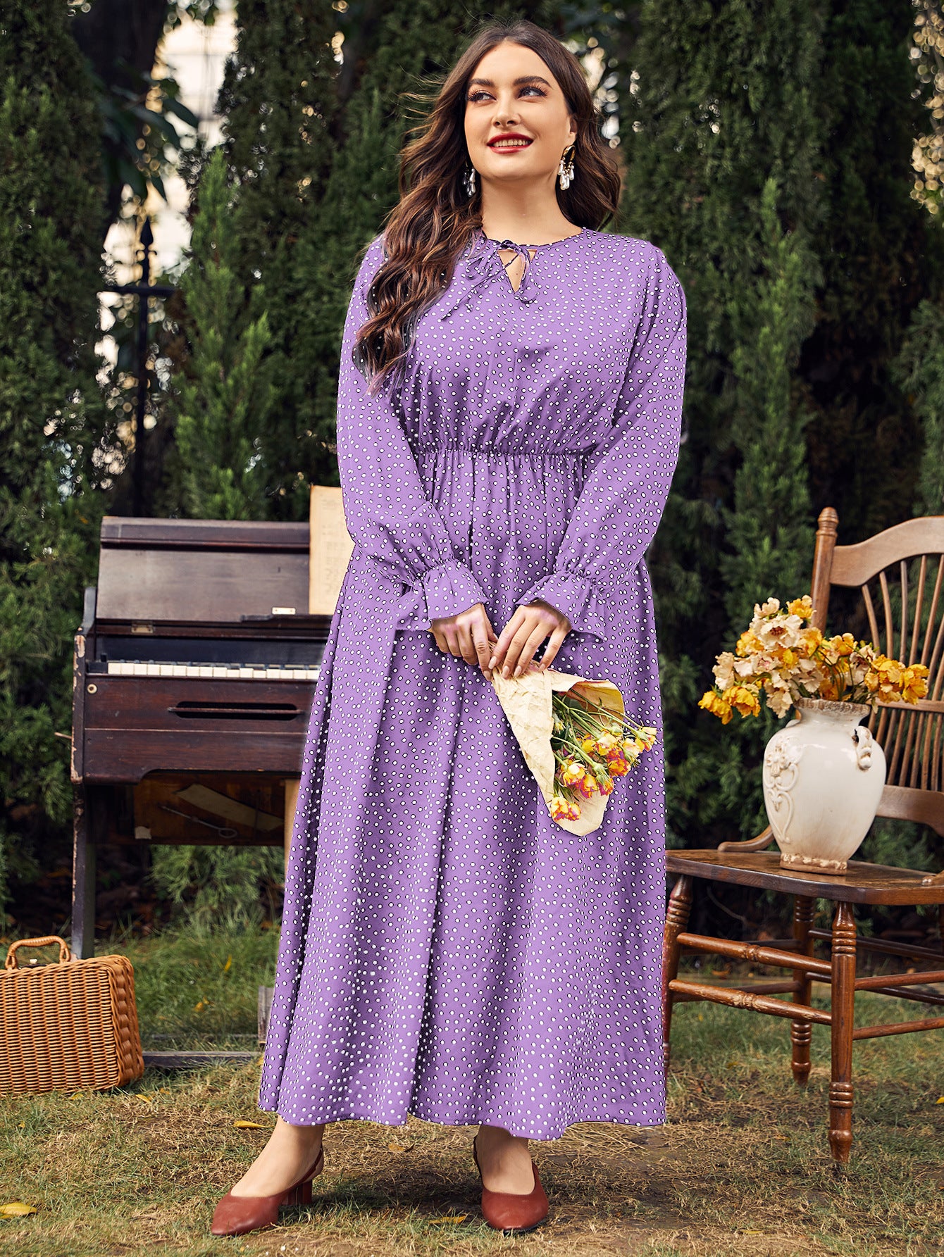 Woochic robe grande taille col en rond imprimé pois trapèze manches évasées violet XL