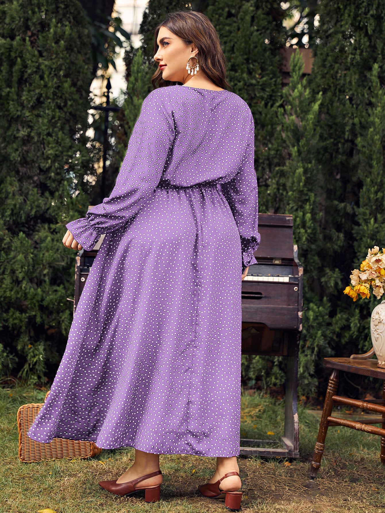 Woochic robe grande taille col en rond imprimé pois trapèze manches évasées
