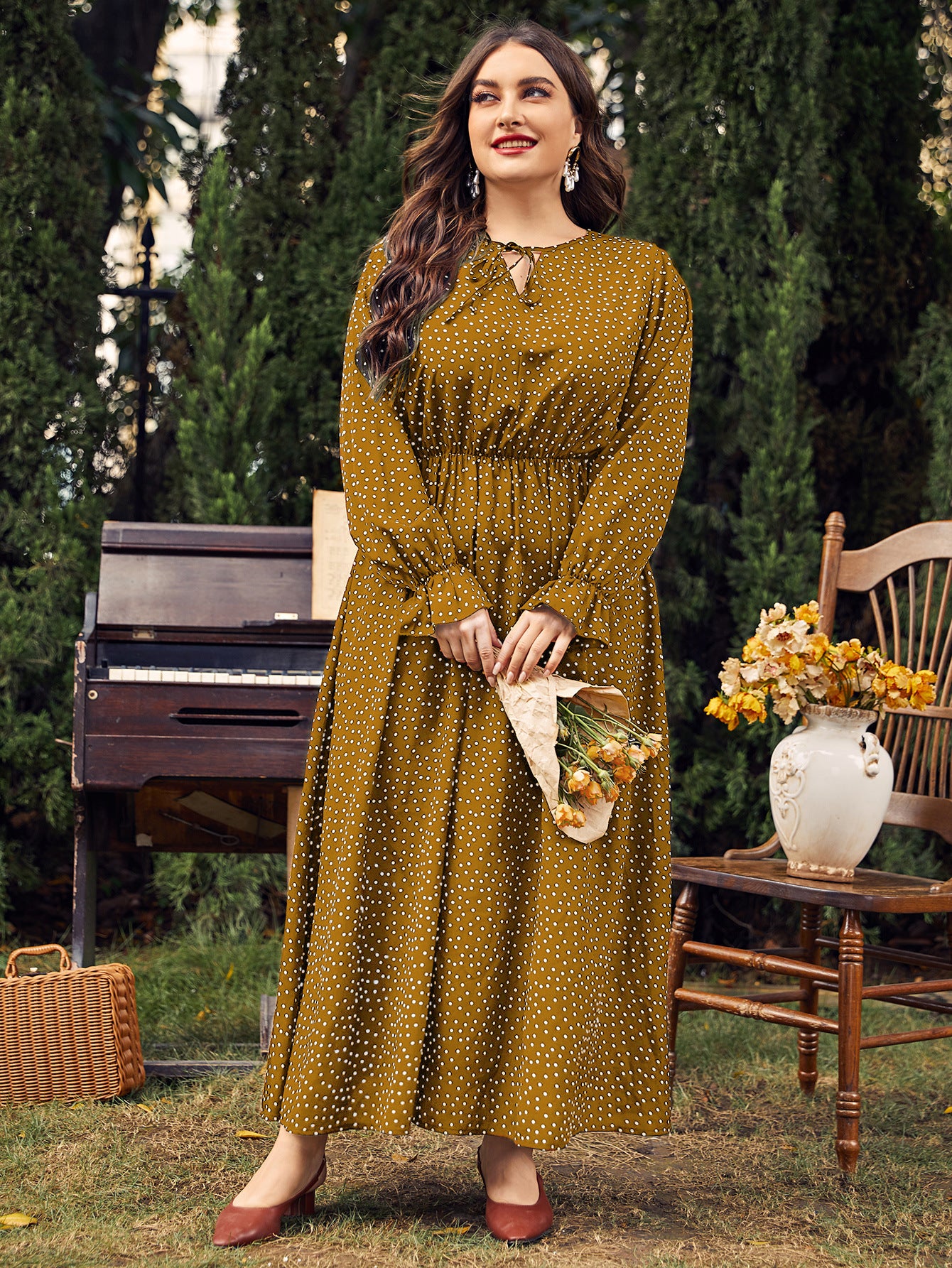 Woochic robe grande taille col en rond imprimé pois trapèze manches évasées jaune XL