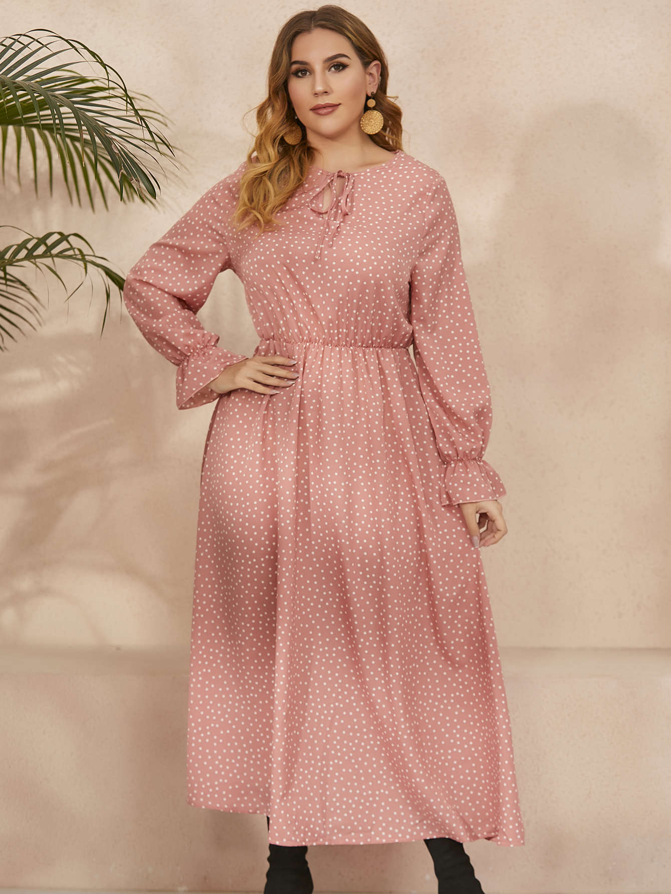 Woochic robe grande taille col en rond imprimé pois trapèze manches évasées rose XL
