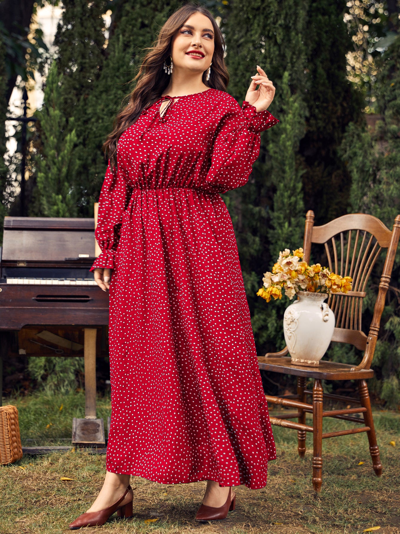 Woochic robe grande taille col en rond imprimé pois trapèze manches évasées rouge XL