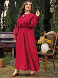Woochic robe grande taille col en rond imprimé pois trapèze manches évasées rouge XL
