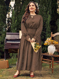 Woochic robe grande taille col en rond imprimé pois trapèze manches évasées brun XL