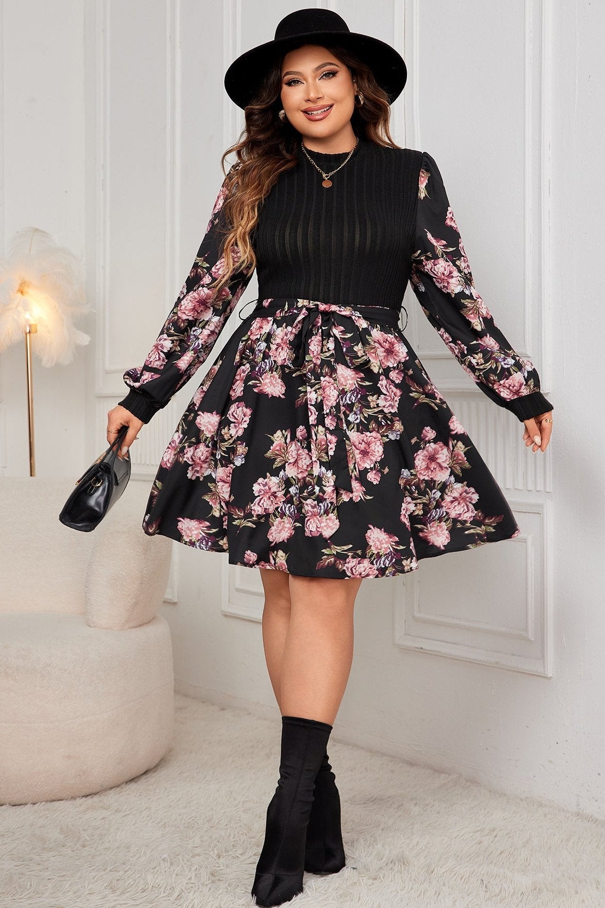 Woochic robe grande taille col en rond imprimée noir 1XL