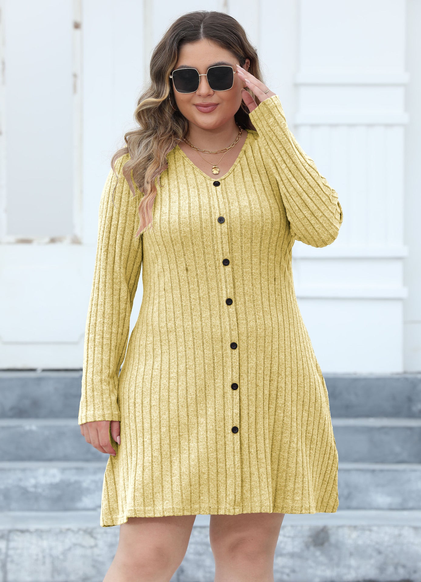 Woochic robe grande taille robe en maille à rayures col en V jaune XL