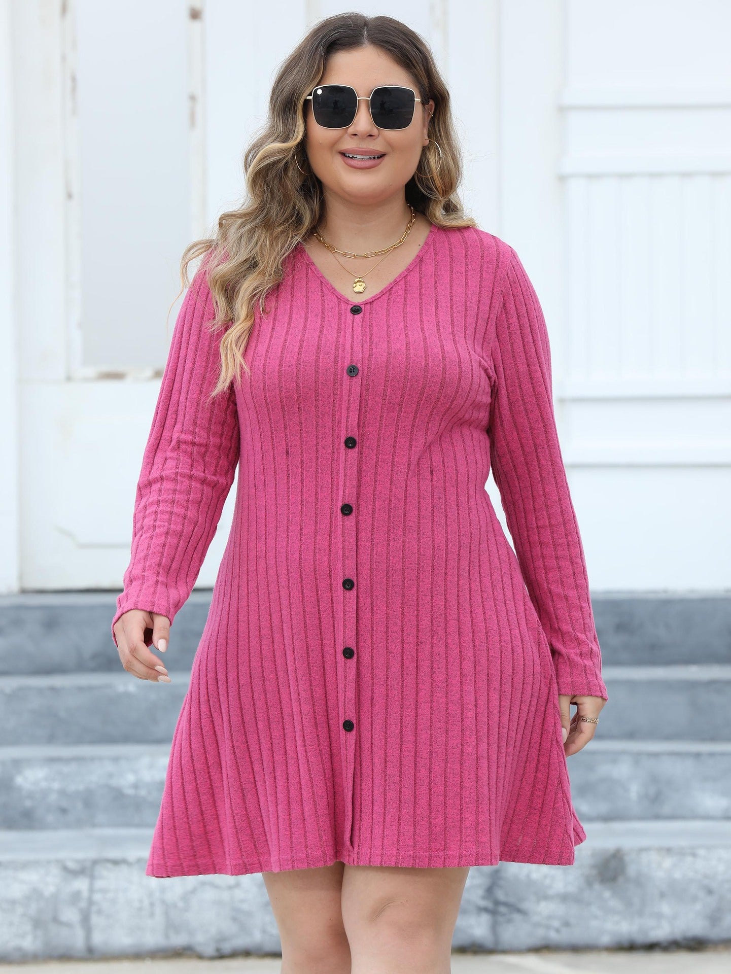 Woochic robe grande taille robe en maille à rayures col en V rose2 XL