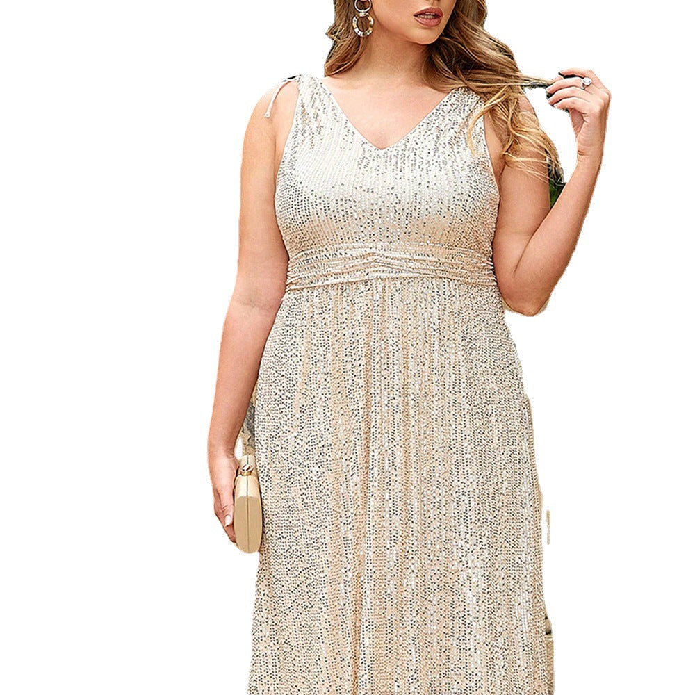 Woochic robe invitée mariage grande taille à col en V,paillettes