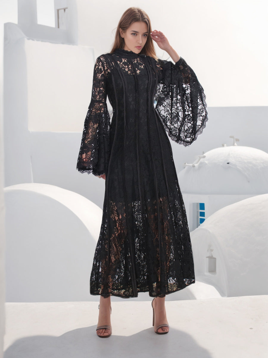 Woochic robe longue à volants dentelle manches évasées brodée plissée noir S