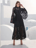 Woochic robe longue à volants dentelle manches évasées brodée plissée noir S