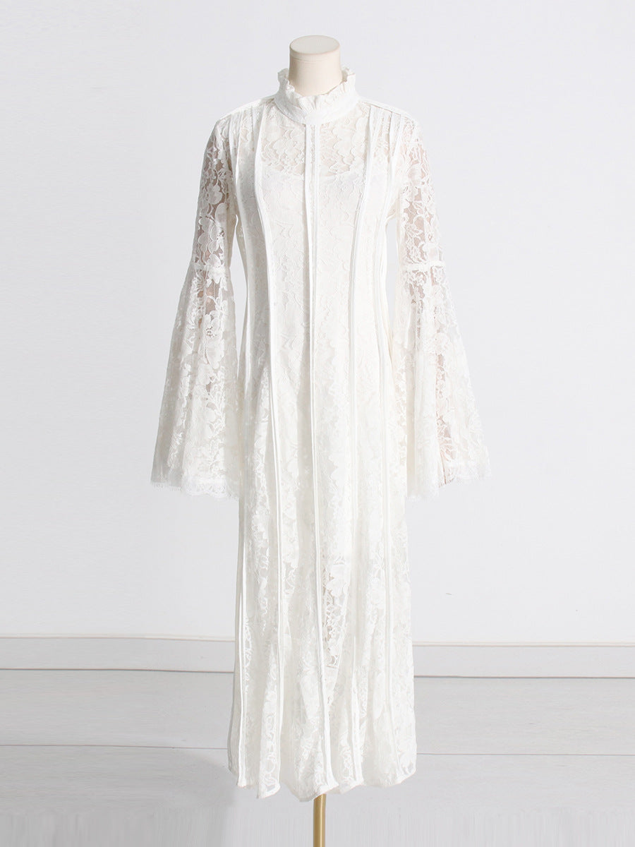 Woochic robe longue à volants dentelle manches évasées brodée plissée blanc S