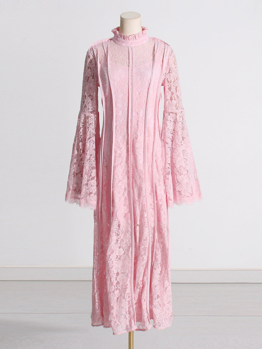 Woochic robe longue à volants dentelle manches évasées brodée plissée
