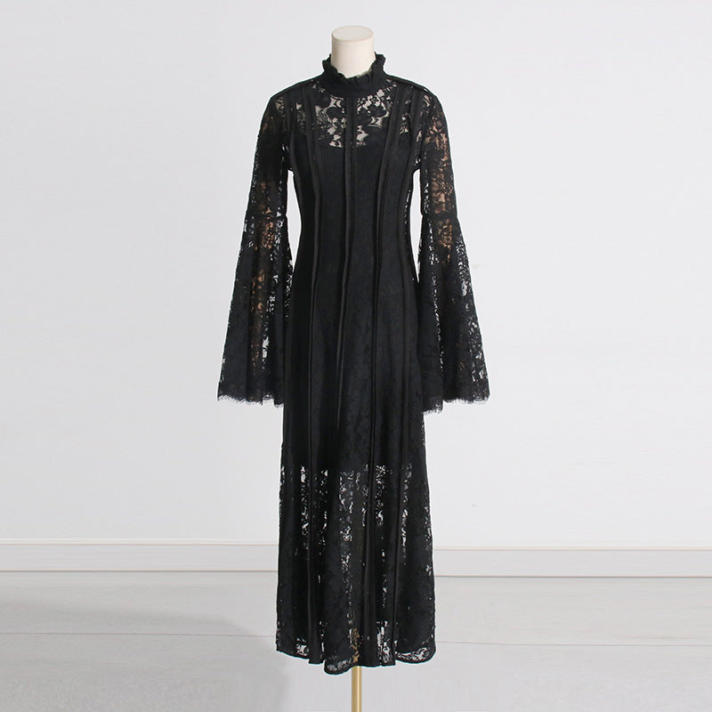 Woochic robe longue à volants dentelle manches évasées brodée plissée