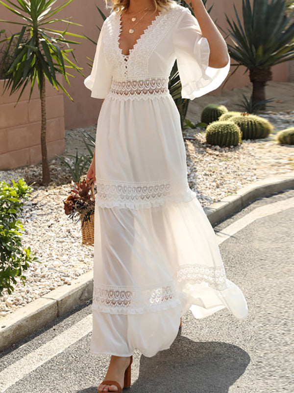Woochic robe longue avce dentelle volantée v-cou élégant invité mariage manches au coude