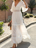 Woochic robe longue avce dentelle volantée v-cou élégant invité mariage manches au coude