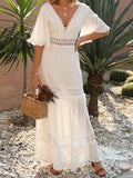 Woochic robe longue avce dentelle volantée v-cou élégant invité mariage manches au coude