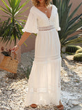 Woochic robe longue avce dentelle volantée v-cou élégant invité mariage manches au coude