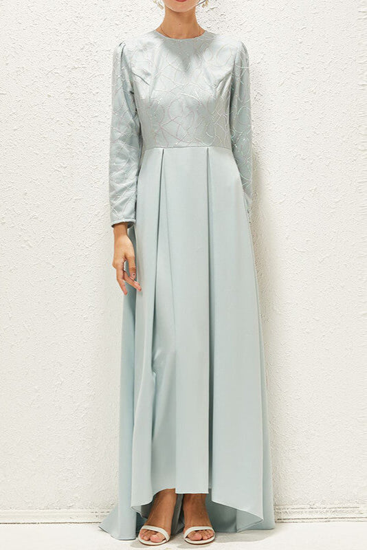 Woochic robe longue brillante paillette col rond manches longues élégant bal de promo Bleu pastel S
