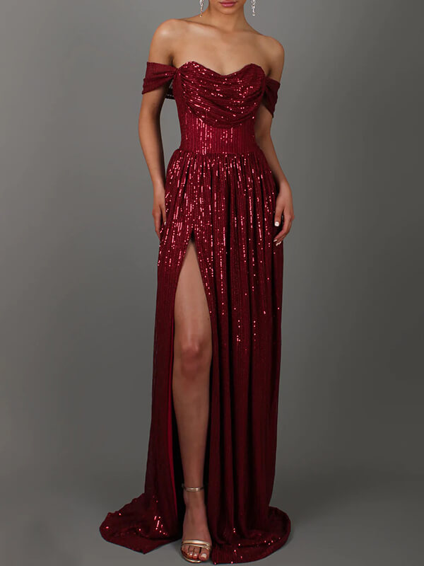 Woochic robe longue brillante paillette fendu le côté col bateau dos nu élégant soirée