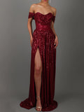 Woochic robe longue brillante paillette fendu le côté col bateau dos nu élégant soirée