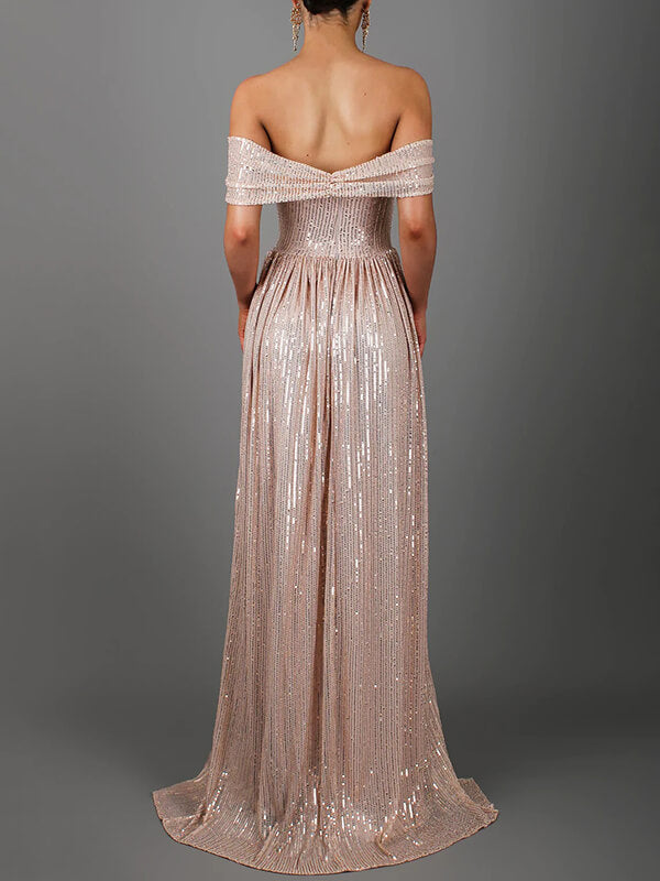 Woochic robe longue brillante paillette fendu le côté col bateau dos nu élégant soirée