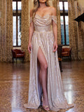 Woochic robe longue brillante paillette fendu le côté col bateau dos nu élégant soirée Champagne S