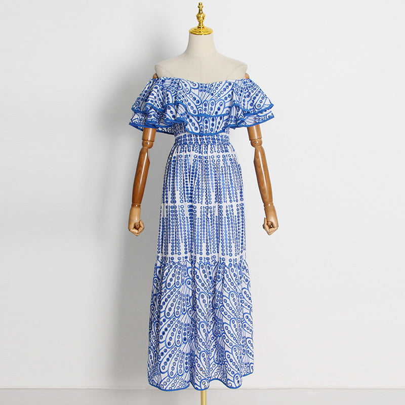 Woochic robe cocktail longue brodée col bateau à volants double épaisseur bleu S