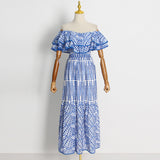 Woochic robe cocktail longue brodée col bateau à volants double épaisseur bleu S