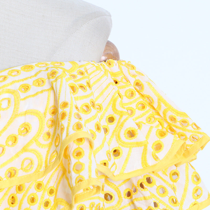 Woochic robe cocktail longue brodée col bateau à volants double épaisseur