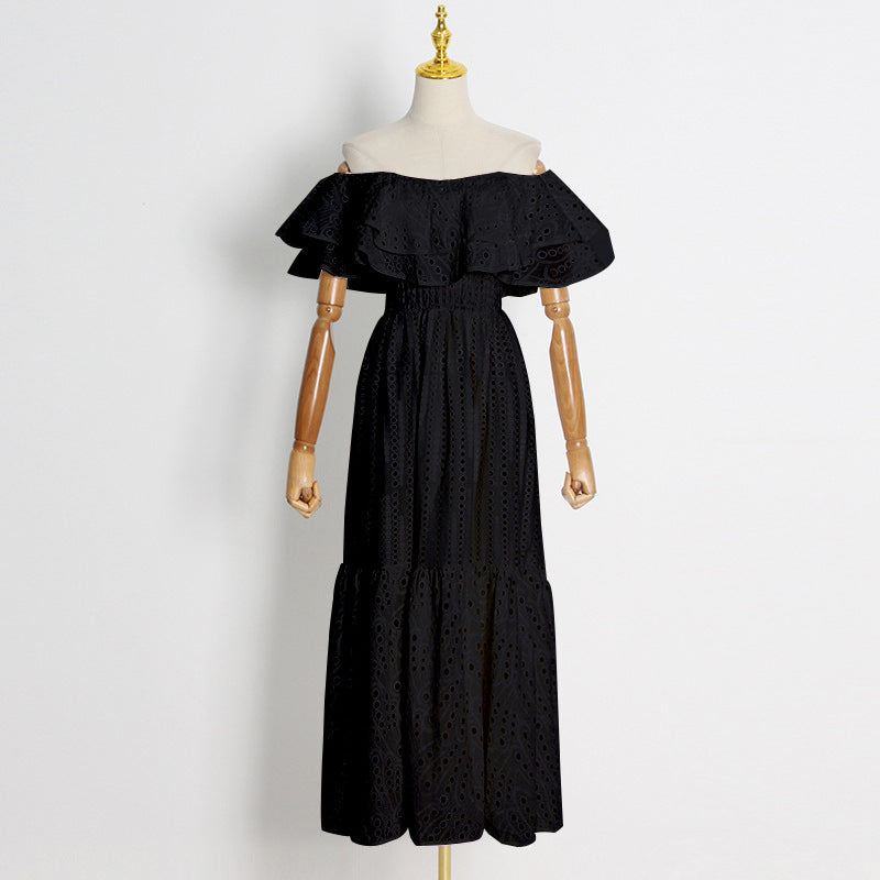 Woochic robe cocktail longue brodée col bateau à volants double épaisseur noir S