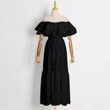Woochic robe cocktail longue brodée col bateau à volants double épaisseur noir S