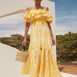 Woochic robe cocktail longue brodée col bateau à volants double épaisseur jaune S