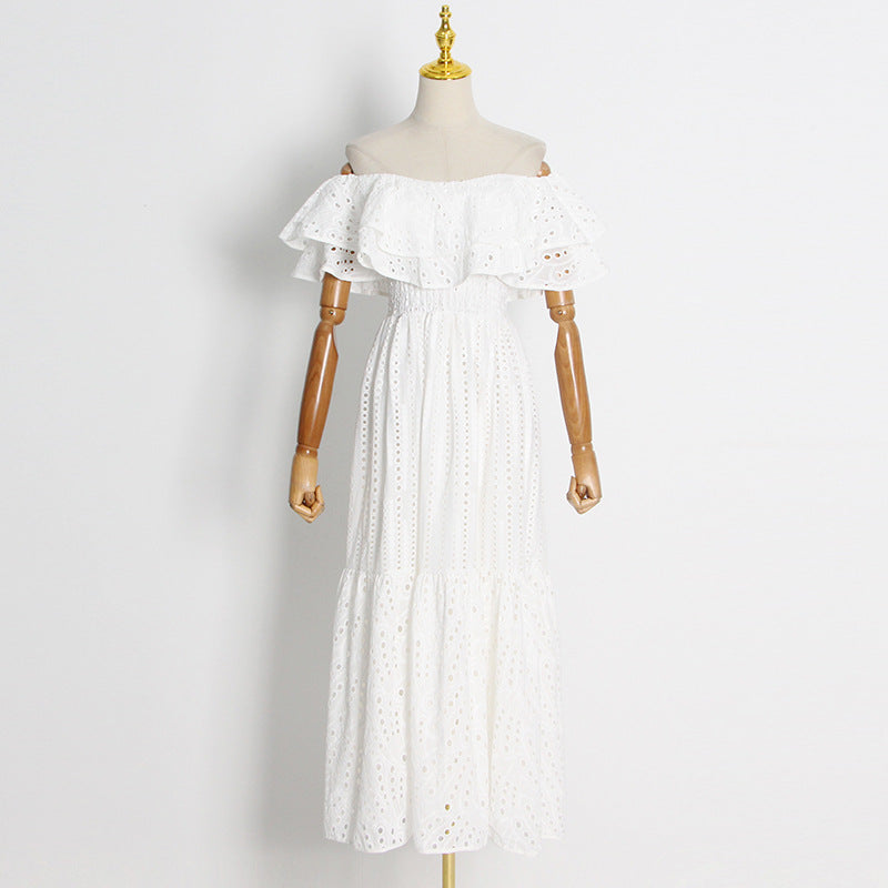 Woochic robe cocktail longue brodée col bateau à volants double épaisseur blanc S