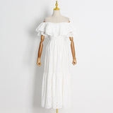 Woochic robe cocktail longue brodée col bateau à volants double épaisseur blanc S