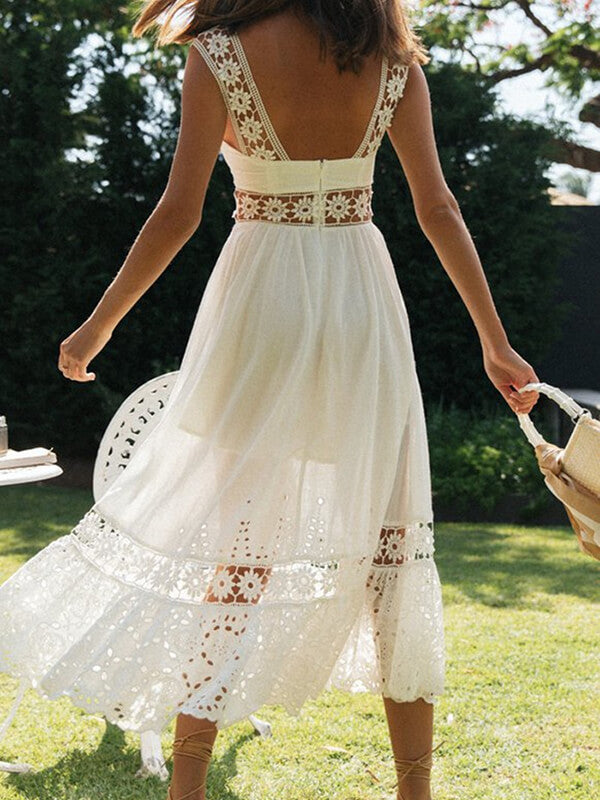 Woochic robe longue broderie anglaise bretelle mode blanche