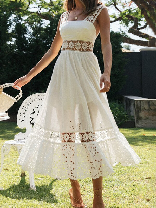 Woochic robe longue broderie anglaise bretelle mode blanche Blanche S