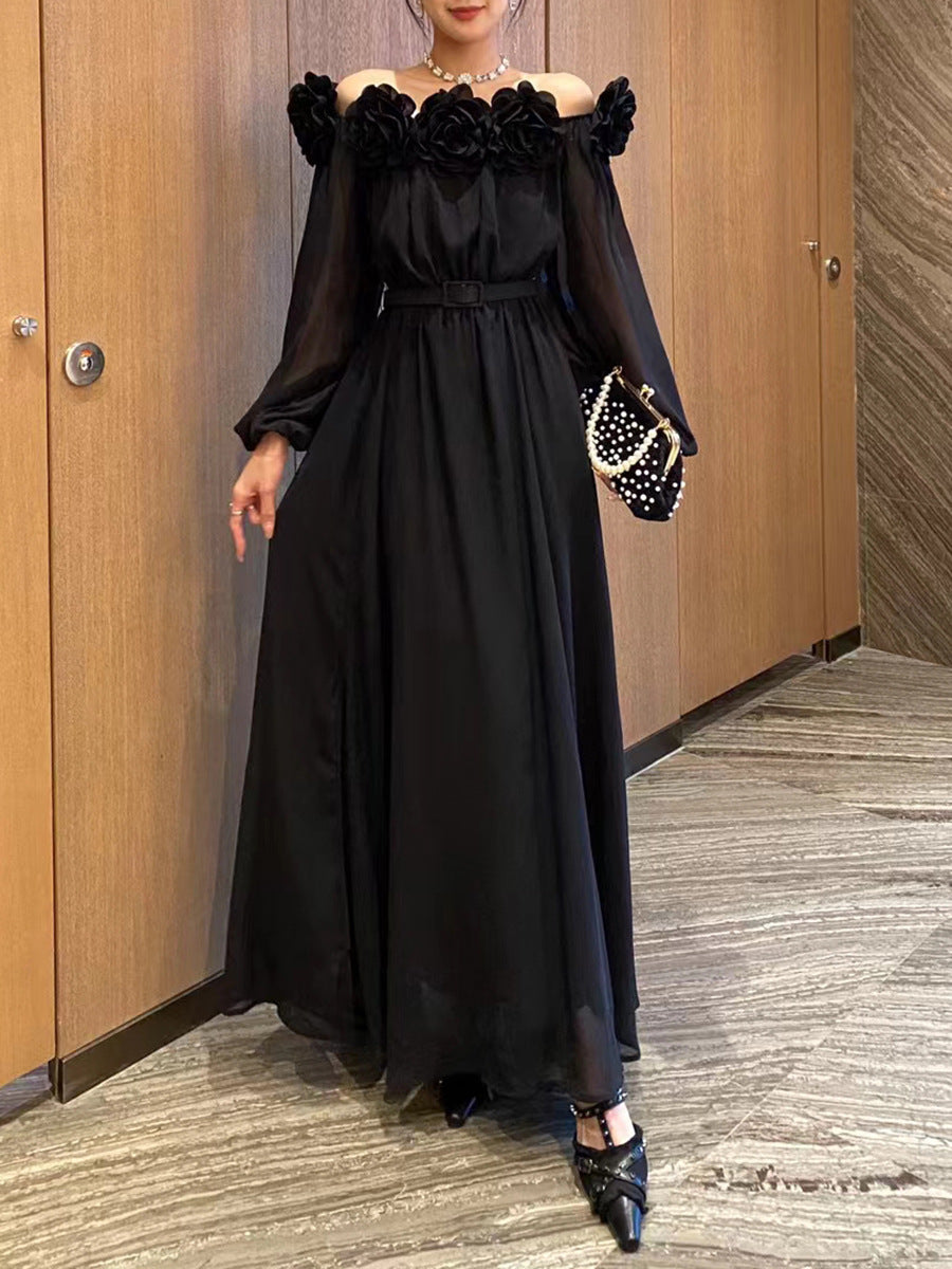 Woochic robe longue bustier manches lanterne fleurs tridimensionnelles à volants noir S