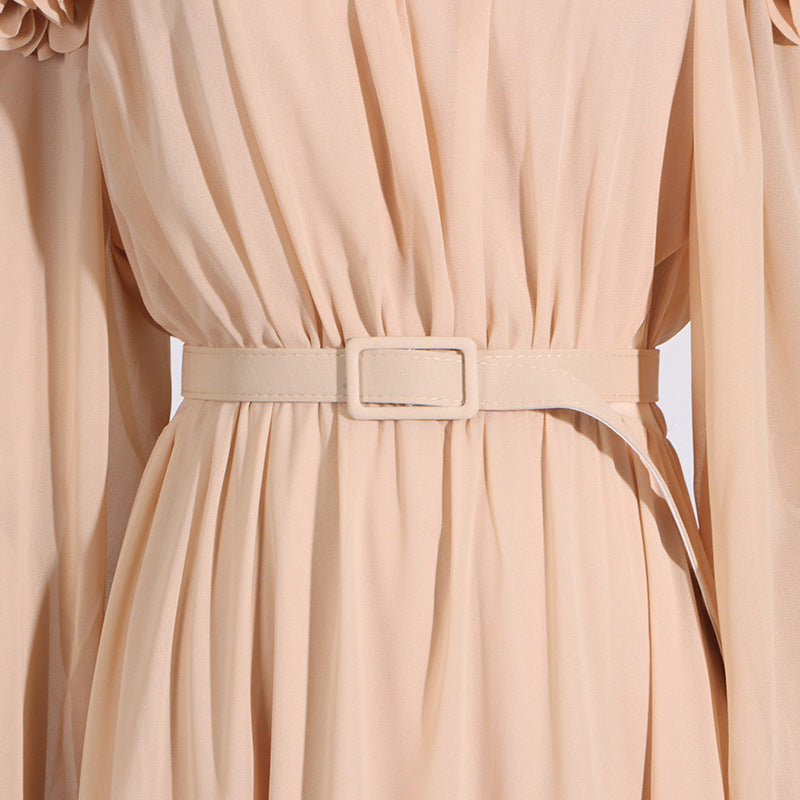 Woochic robe longue bustier manches lanterne fleurs tridimensionnelles à volants