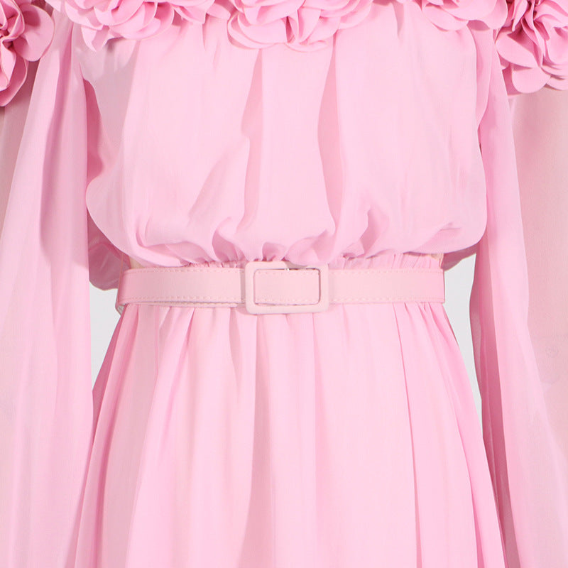 Woochic robe longue bustier manches lanterne fleurs tridimensionnelles à volants