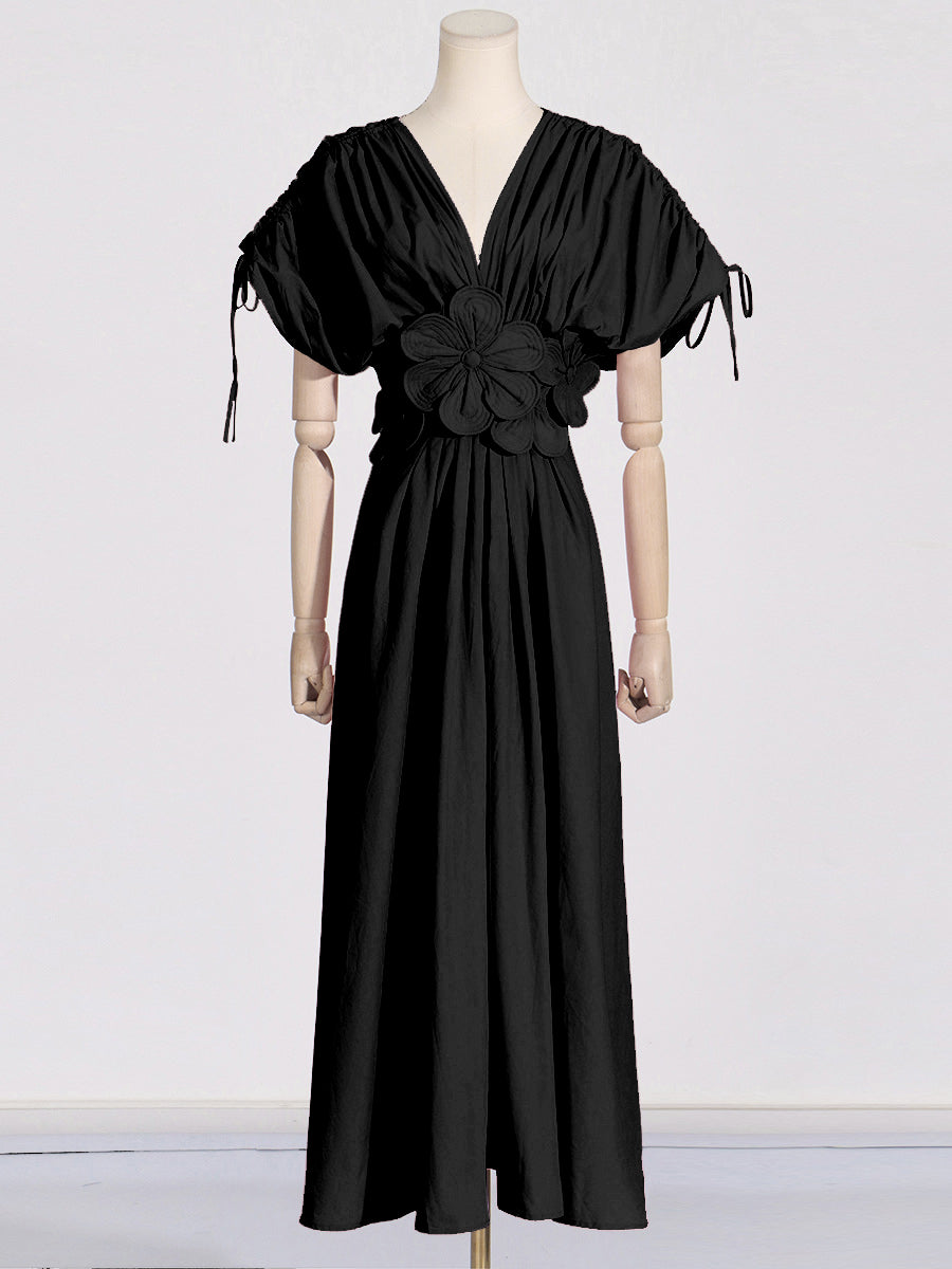 Woochic robe longue col en V fleurie à lacets plissé couture noir S